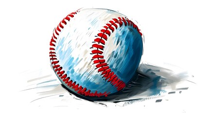 Minimalist hand-drawn illustration of a blue and white stitched baseball on a white background representing sports equipment and baseball game theme