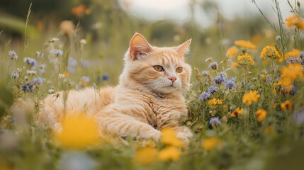 Wall Mural - A serene orange cat lounging among colorful wildflowers in a tranquil field.