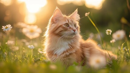 Wall Mural - A serene orange cat resting among daisies in a sunlit meadow.