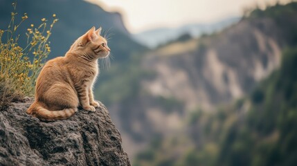 Wall Mural - A serene orange cat perched on a rock, gazing at a distant landscape.