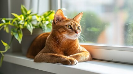 Wall Mural - A serene orange cat resting on a windowsill, gazing outside with a green plant nearby.