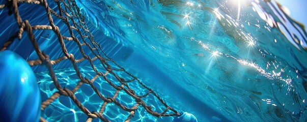 Wall Mural - A close-up of shimmering blue water with a net pattern, capturing a refreshing and calming aquatic atmosphere. Free copy space for banner.