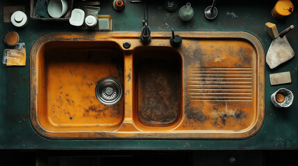 A top-down view of an old, rusty double kitchen sink. The sink is surrounded by various kitchen items, including a soap dispenser, sponge, and some bowls.