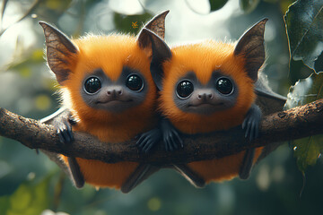 Wall Mural - Two adorable, fluffy orange bats perched on a branch, showcasing their large, expressive eyes.