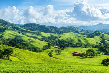 A picturesque countryside scene featuring rolling hills and lush green farms under bright blue sky with fluffy clouds. vibrant landscape evokes sense of tranquility and natural beauty