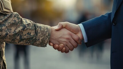 A soldier in uniform shakes hands with a businessman in a suit, symbolizing the meeting of military service and corporate partnership