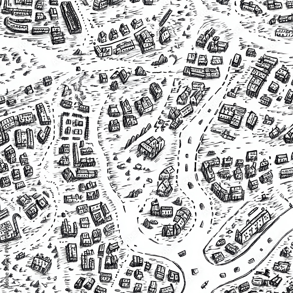 city town map architecture houses streets roads illustration black and ...