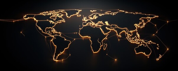 An artistic representation of a glowing world map with interconnected lines symbolizing global connectivity and digital networks.