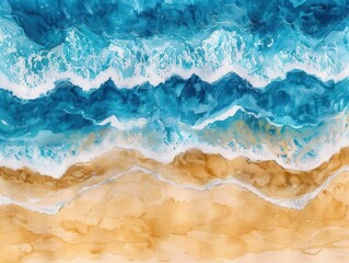 aerial view of a pristine beach rendered in dreamy watercolor with swirling blue waves meeting golden sand creating an abstract and ethereal landscape