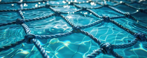 Sticker - A close-up of shimmering blue water with a net pattern, capturing a refreshing and calming aquatic atmosphere. Free copy space for banner.