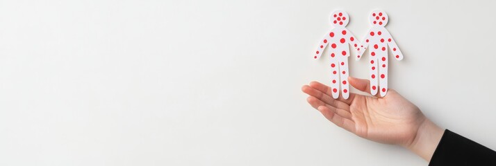 Aufkleber - Female hand holding two paper cutout figures with red spots symbolizing monkeypox infection. Visual representation of viral spread and contagious diseases.