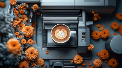 Sticker - Top view of a coffee cup with latte art on an espresso machine, surrounded by vividly orange flowers. The scene creates a contrast between the mechanical and natural elements.