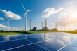 © Downloads - Panoramic view showcasing the harmonious coexistence of wind turbines solar power plant and an oil refinery highlighting the ongoing transition towards renewable energy sources