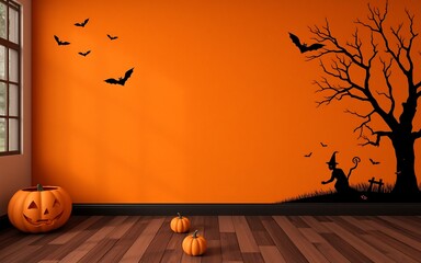 Black silhouettes on orange wall, pumpkins on wooden floor, Halloween decorations for spooky home decor. 
