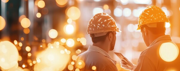 Construction workers discuss project details in a bright industrial environment, showcasing teamwork and safety equipment.