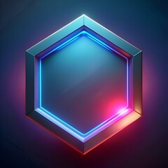 A futuristic. metallic hexagon with glowing blue and pink neon edges.