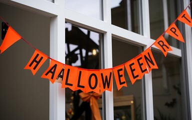 Orange and black Halloween banner hanging on a window, celebrating spooky season and festive fun. 
