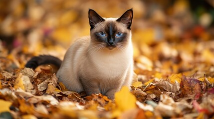 Wall Mural - A Siamese cat sits gracefully among colorful autumn leaves.