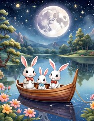 A cute and adorable rabbit family on a boat at a serene lake in a moonlit night with flowers and twinkling stars, cartoon style