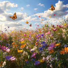 Sticker - Colorful wildflowers and butterflies in a meadow.