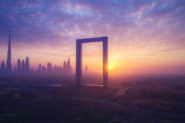 Dubai Frame at sunrise showcases stunning view of city skyline, with sun rising behind iconic structure. vibrant colors of sky create breathtaking atmosphere