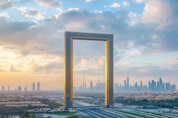 Dubai Frame stands majestically against stunning skyline, showcasing citys blend of modern architecture and natural beauty. vibrant colors of sunset enhance view, creating captivating scene