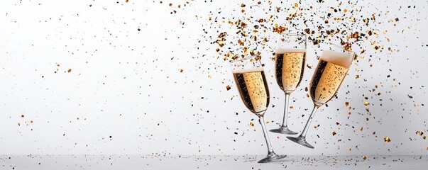 Three champagne flutes filled with bubbly celebrate a festive occasion, surrounded by sparkling confetti on a bright background.