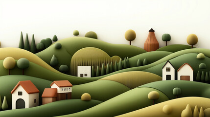 Sticker - Digital artwork of a picturesque countryside landscape featuring rolling hills with abstract trees, cozy houses, and a solitary silo, all in muted green and brown tones.