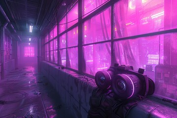 Wall Mural - A neon pink room with a window and a pair of binoculars on the window sill