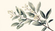 © Tahsin - Delicate botanical art of a branch with green leaves and white berries on neutral backdrop