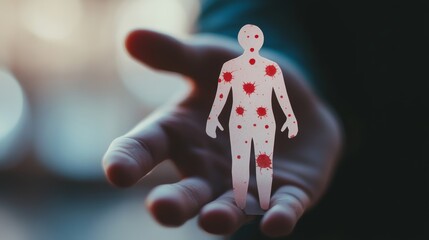 Aufkleber - Hand holding a human figure cutout with red blotches, representing monkeypox infection and viral outbreak spread.