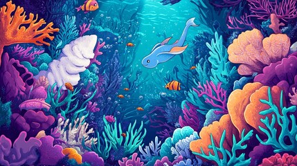 Colorful Underwater Coral Reef Scene with Fish and Sea Life