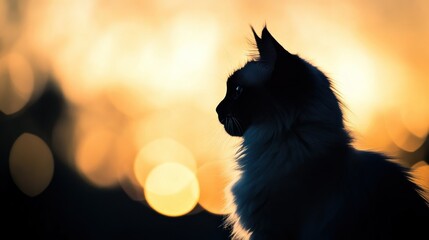 Wall Mural - A silhouette of a cat against a colorful sunset background, highlighting its profile.