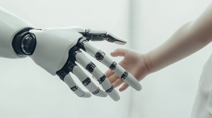 Poster - A white robotic hand reaches out to shake a child's hand, symbolizing the merging of technology and humanity in a futuristic world