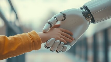 Poster - A white robotic hand reaches out to shake a child's hand, symbolizing the merging of technology and humanity in a futuristic world