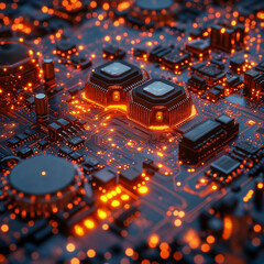 Wall Mural - A computer chip is lit up in orange