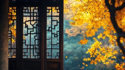 Wall Mural - Warm Autumnal Maple Leaves Framed by Architectural Window