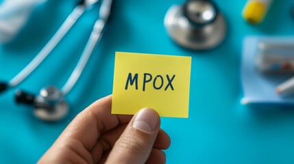 Poster - Hand holding a yellow sticky note with 'MPOX' written, with stethoscope and medical equipment in the background. Monkeypox virus concept
