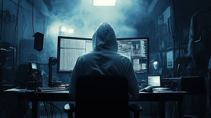 an anonymous hacker, their back presented in a half-turn, wearing a hoodie, seated in front of a commanding monitor, engrossed in the process of deciphering intricate lines of code.