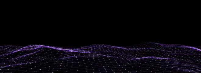 Wall Mural - Abstract vector technology purple wave with motion glowing dots. Dark cyberspace in digital background. Connection big data. Futuristic wireframe texture. Dynamic analysis a network connection.