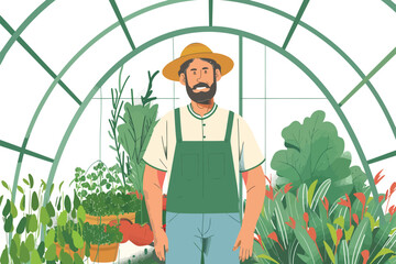 Farmer Inspecting Crops in a Greenhouse isolated