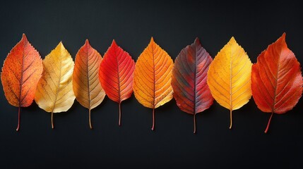 Wall Mural - A row of colorful autumn leaves on a dark background.