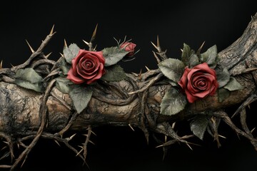 Blood red roses on thorny vines and ivy. Thorns and green leaves. Dry curly branches. A toxic relationship.