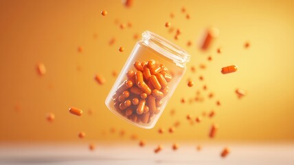 Vibrant orange capsules in a glass jar, with a dynamic, colorful background, perfect for health and wellness themes.