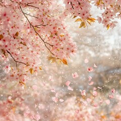 Wall Mural - Delicate pink cherry blossoms falling from a tree branch, creating a dreamy, romantic atmosphere.