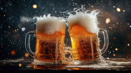 Wall Mural - Beer splashes out of two clinking mugs, creating bubbles and foam against a dark, dramatic backdrop