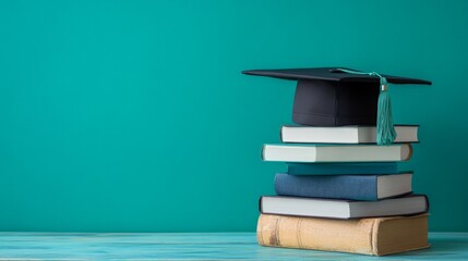 books and academic cap on wooden surface isolated on green, with copy space