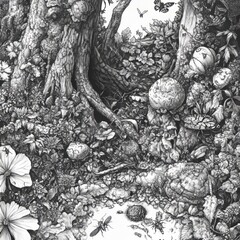 Poster - Detailed black and white pen drawing of a forest floor with insects, roots, mushrooms and leaves.