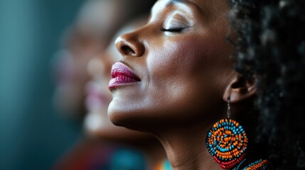 A striking close-up profile image of a glamourous woman wearing decorative beaded earrings and chic black attire, conveying elegance and sophistication.