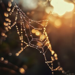 Canvas Print - Dew-covered spider web with bokeh background.